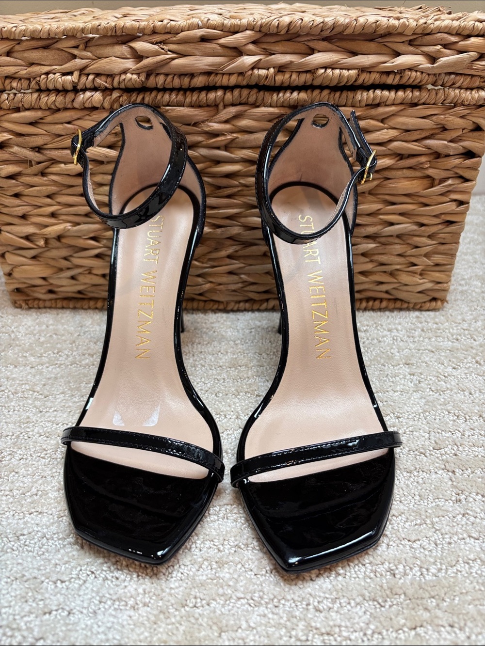 Stuart Weitzman Black Patent Ankle-Strap Heels Size 7.5 EUC